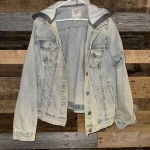 TORRID LIGHT WASH JEAN JACKET WITH TERRY HOOD